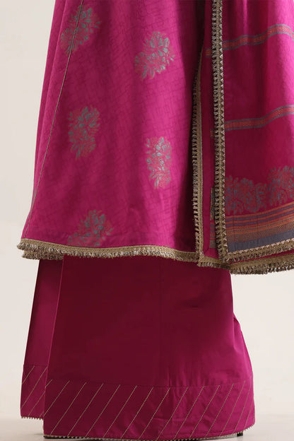 Saya Cotton Jacquard 3pc in vibrant magenta with intricate gold detailing and elegant design.