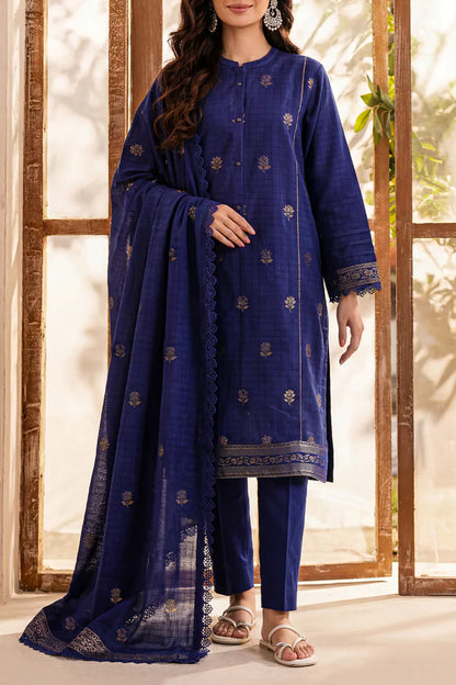 Saya Cotton Jacquard 3pc - Navy Blue outfit displayed on a model with embroidery details and matching dupatta.