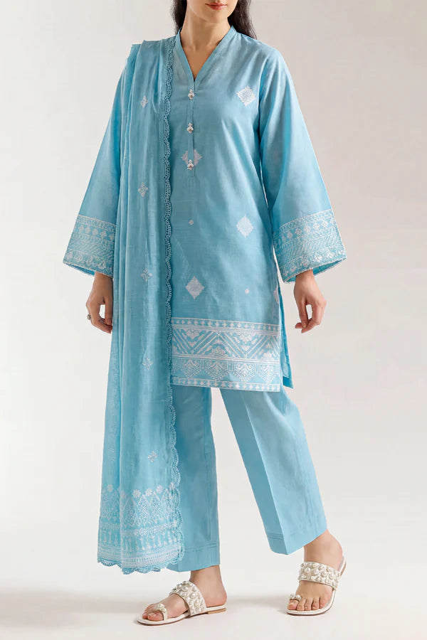 Saya Cotton Jacquard 3pc in Sky Blue, featuring intricate embroidery and a stylish design, perfect for casual or semi-formal wear.