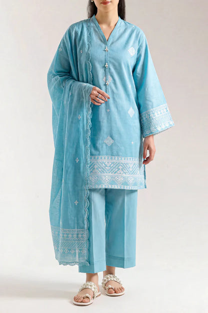 Saya Cotton Jacquard 3pc in sky blue, featuring intricate embroidery and a stylish design.