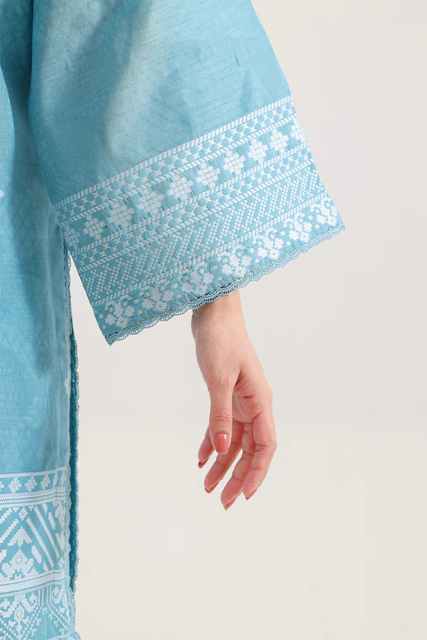 Saya Cotton Jacquard 3pc in sky blue featuring intricate design on sleeve, showcasing fine craftsmanship and style.