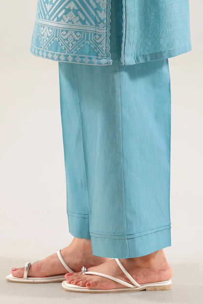 Saya Cotton Jacquard 3pc in sky blue with intricate embroidery and stylish sandals.