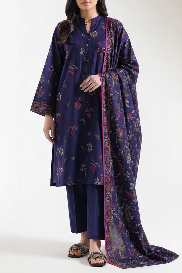 Navy Blue | Saya 3pc Unstitched  Self Strip Lawn Suit