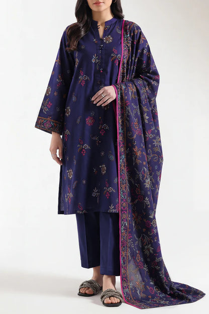 Navy Blue | Saya 3pc Unstitched  Self Strip Lawn Suit