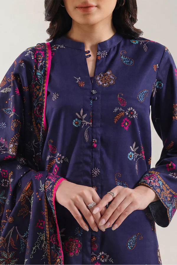 Navy Blue | Saya 3pc Unstitched  Self Strip Lawn Suit