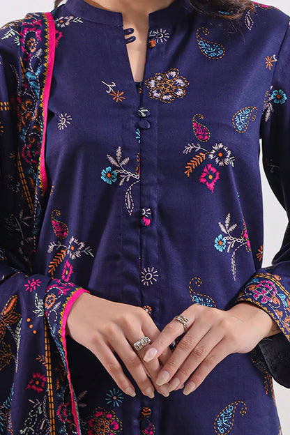 Navy Blue | Saya 3pc Unstitched  Self Strip Lawn Suit