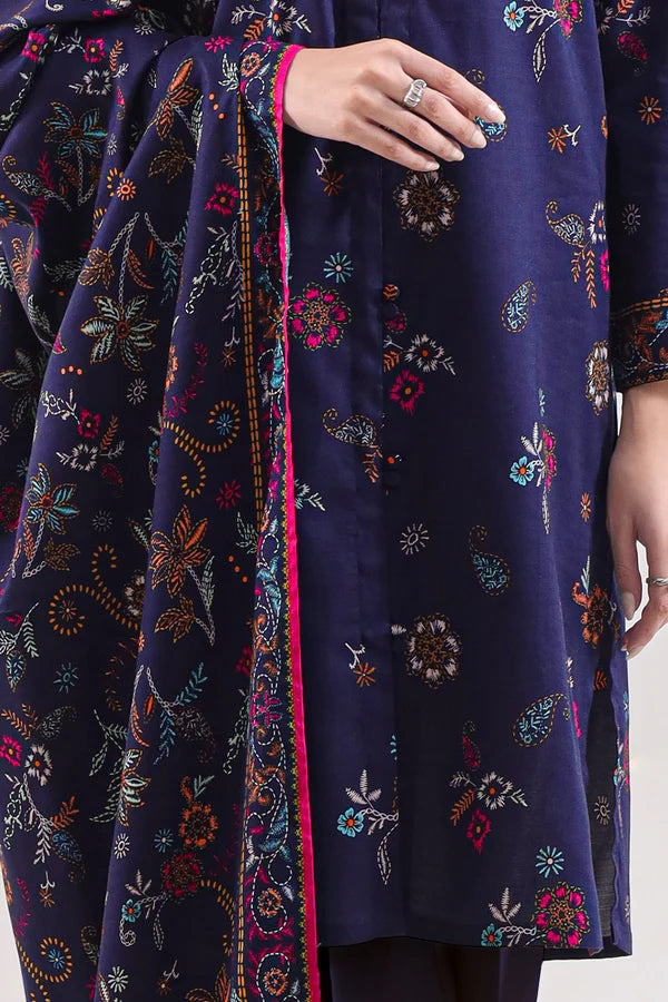 Navy Blue | Saya 3pc Unstitched  Self Strip Lawn Suit