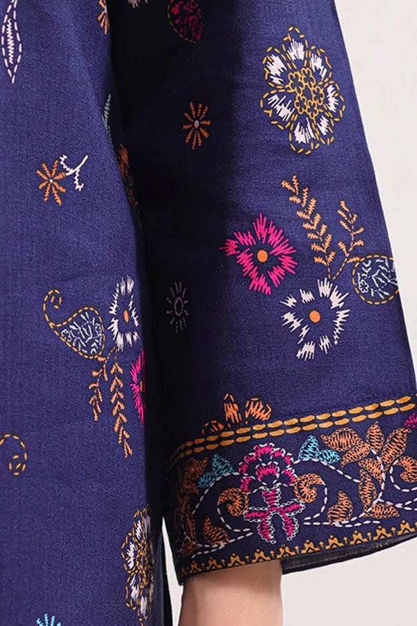 Navy Blue | Saya 3pc Unstitched  Self Strip Lawn Suit