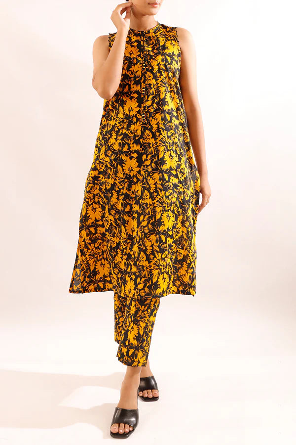 Model wearing Saya 2PC Unstitched Lawn Suit