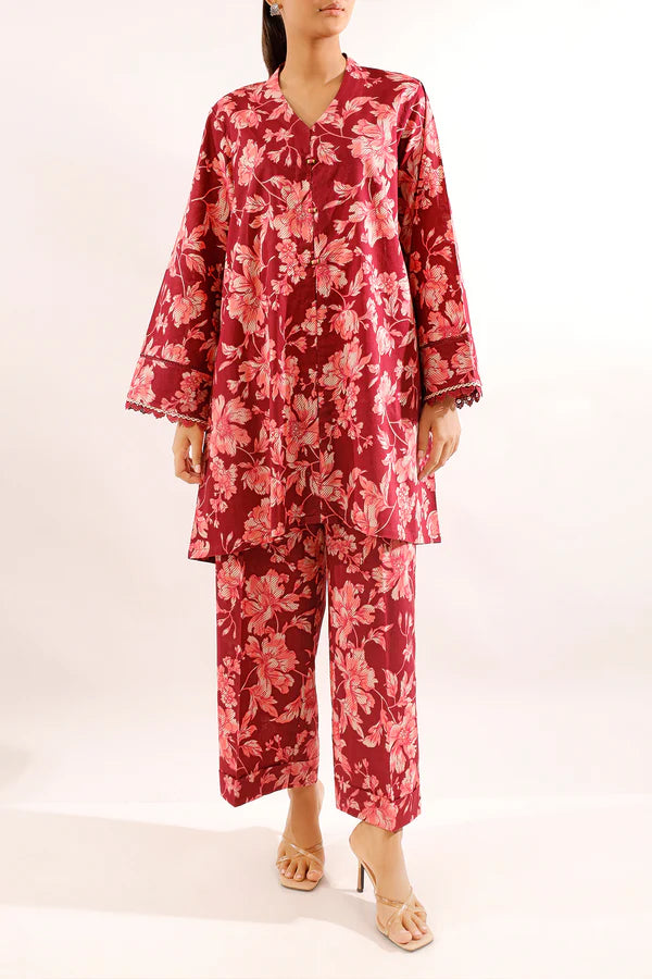 Saya 2pc Unstitched Lawn Suit | Burgundy
