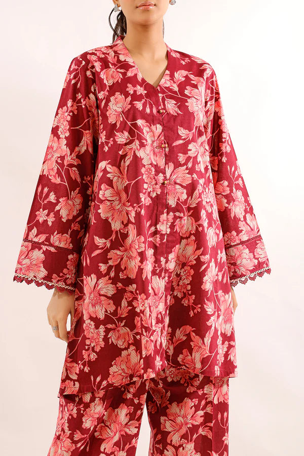 Saya 2pc Unstitched Lawn Suit | Burgundy