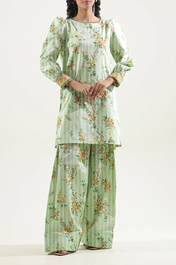 Model wearing Saya 2PC Unstitched Lawn Suit