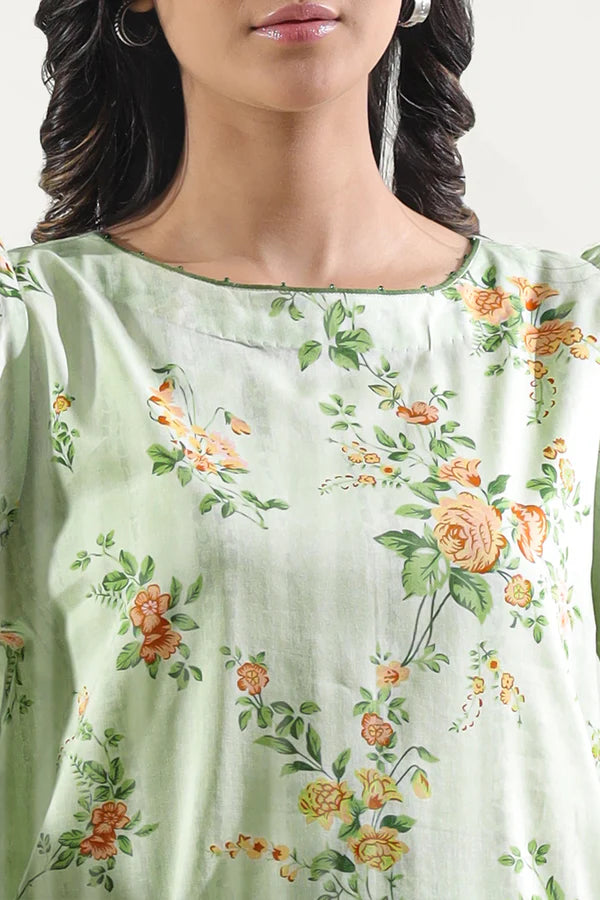 Model wearing Saya 2PC Unstitched Lawn Suit