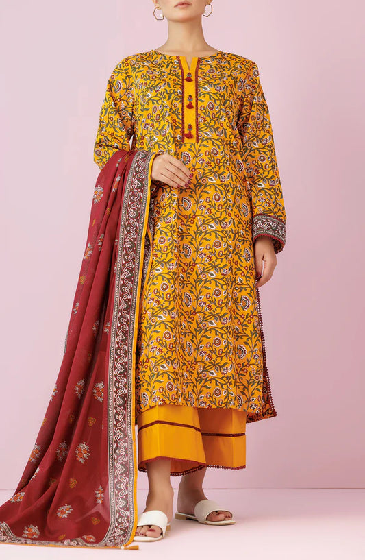 Orient 3 PIECE PRINTED LAWN SUIT- Yellow (UNSTITCHED)