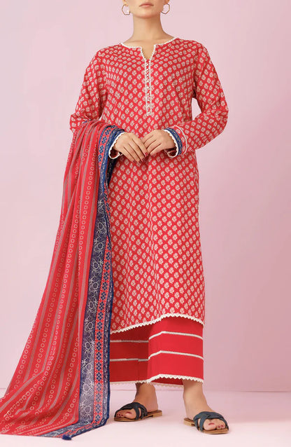 Orient 3 PIECE PRINTED LAWN SUIT- Red (UNSTITCHED)