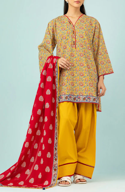 Orient 3 PIECE PRINTED LAWN SUIT- Yellow (UNSTITCHED)