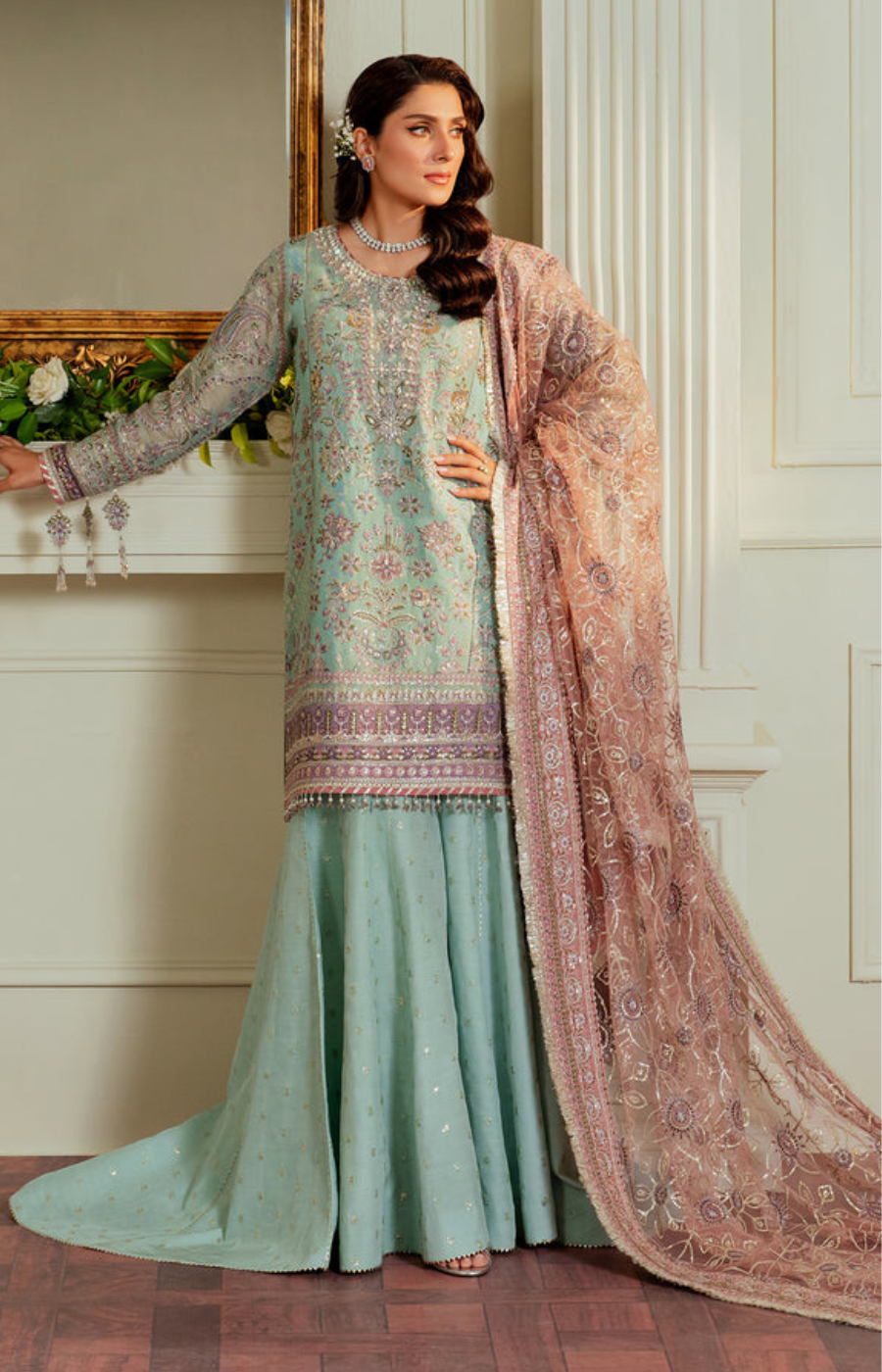 Baroque Khaddi Net Luxury Embroidered - Ice Blue 3-Pc | Replica