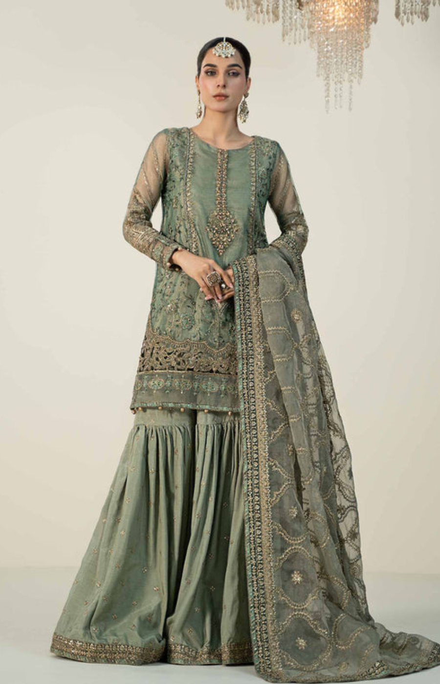 Full front shot of the Maria B Organza Embroidered Gharara Pistachio replica showcasing the cutwork and neckline embroidery.