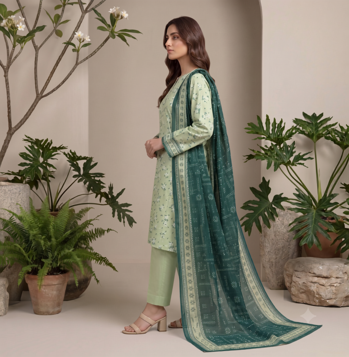 Green | Khaadi 3pc Unstitched Lawn Suit