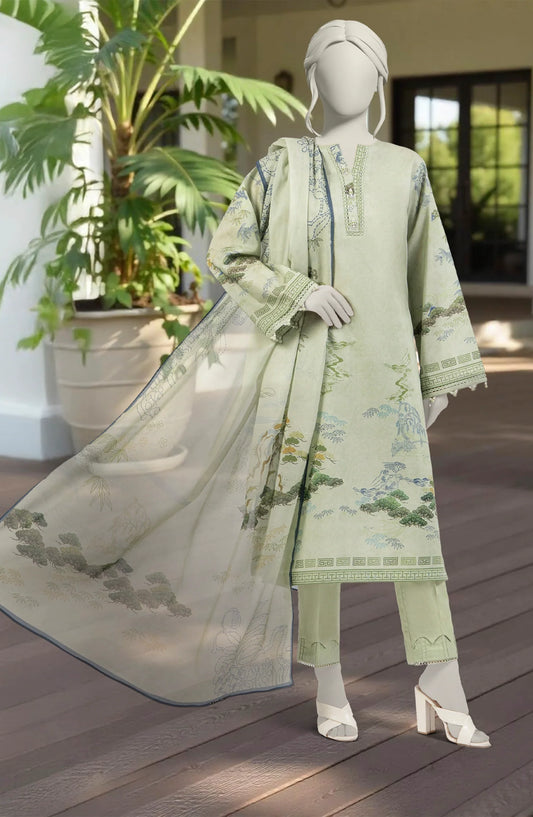 Mtj 3 PIECE PRINTED LAWN SUIT- Light-Green (UNSTITCHED)
