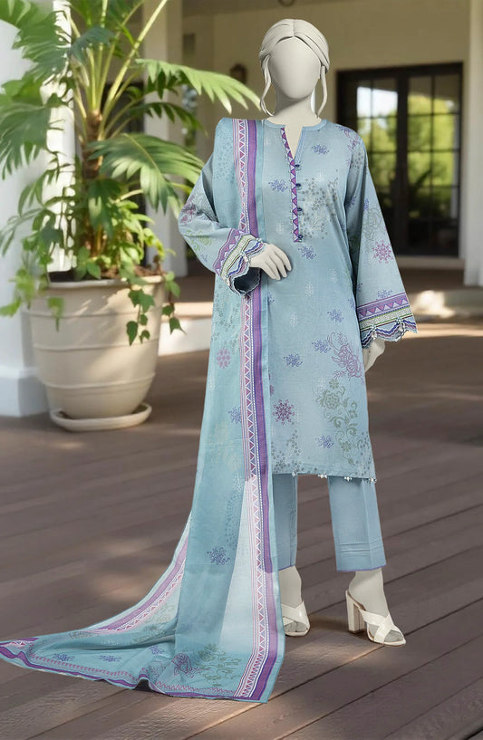 Mtj 3 PIECE PRINTED LAWN SUIT- Blue (UNSTITCHED)