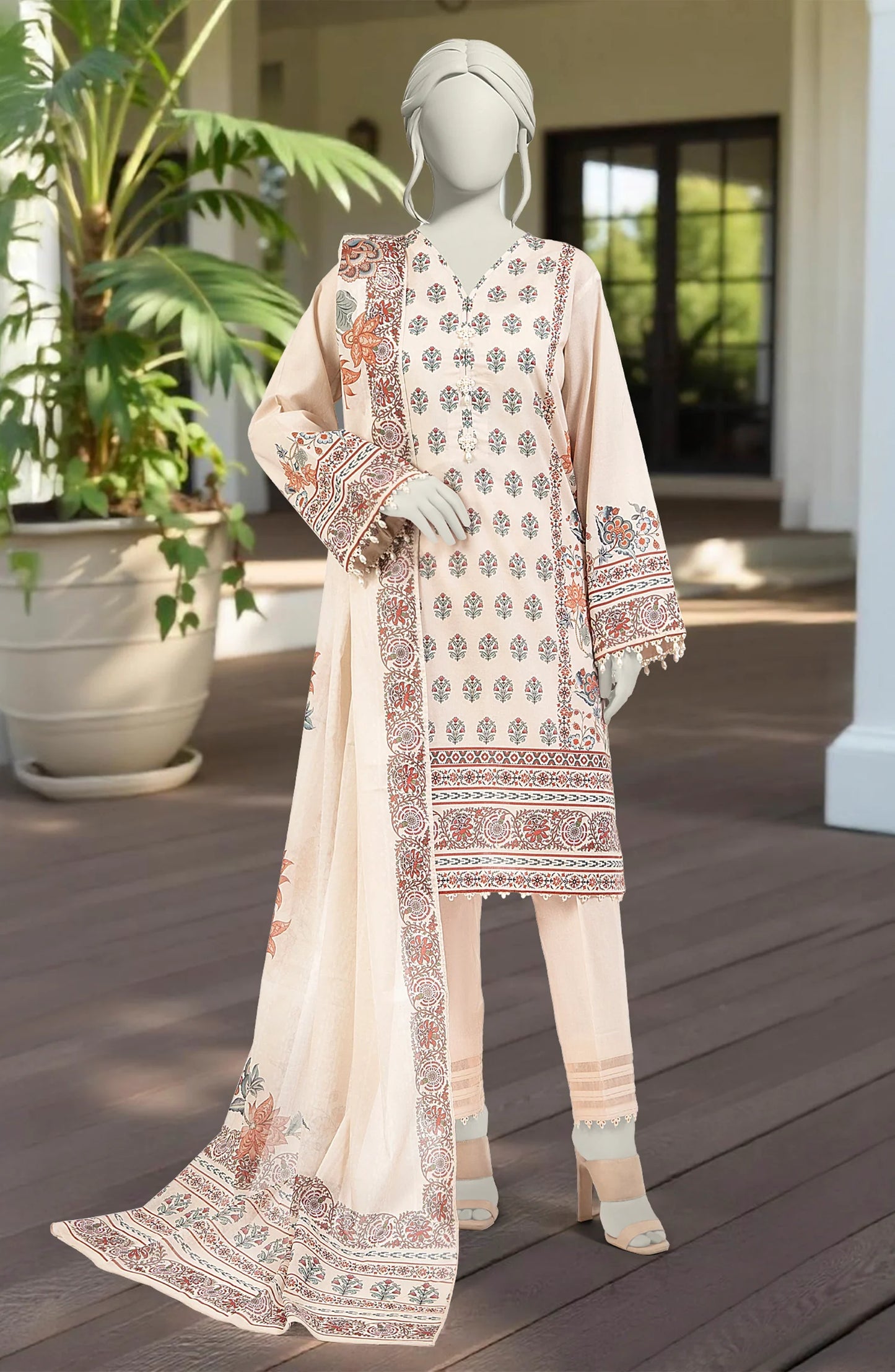 Mtj 3 PIECE PRINTED LAWN SUIT- Beige (UNSTITCHED)