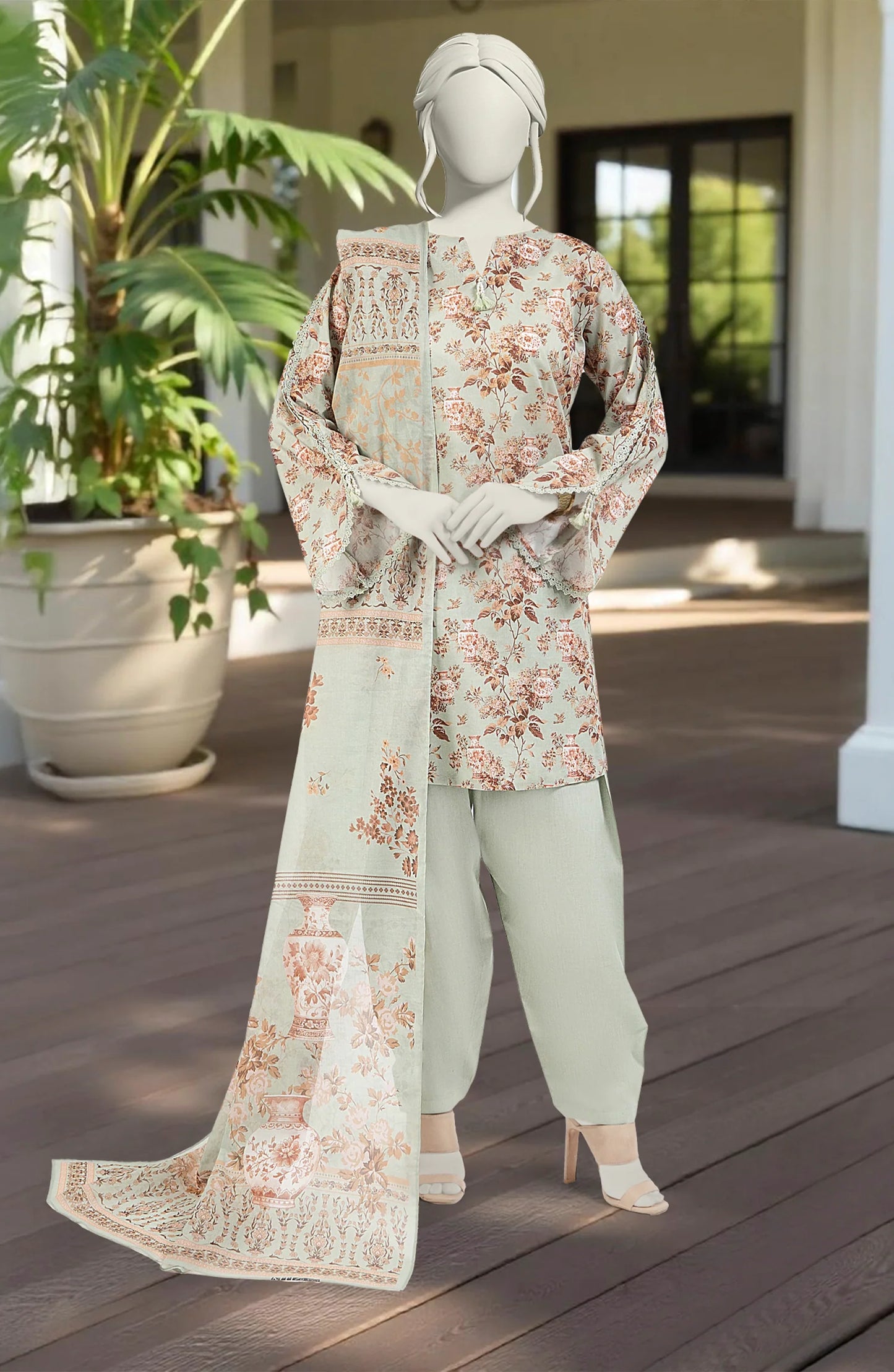 Mtj 3 PIECE PRINTED LAWN SUIT- Grey (UNSTITCHED)