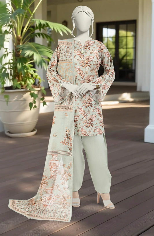 Mtj 3 PIECE PRINTED LAWN SUIT- Grey (UNSTITCHED)