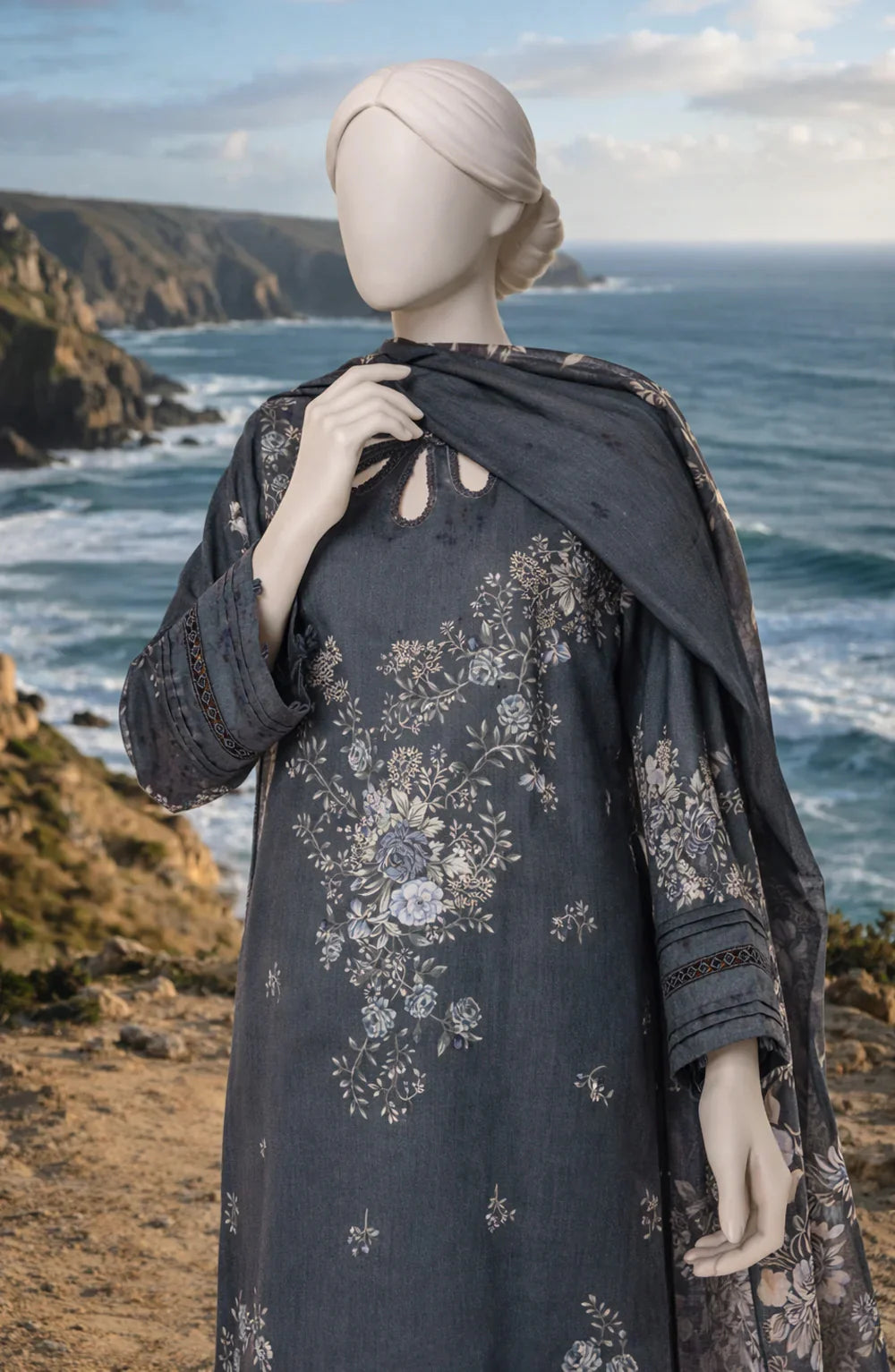Mtj 3 PIECE PRINTED LAWN SUIT- Charcoal (UNSTITCHED)