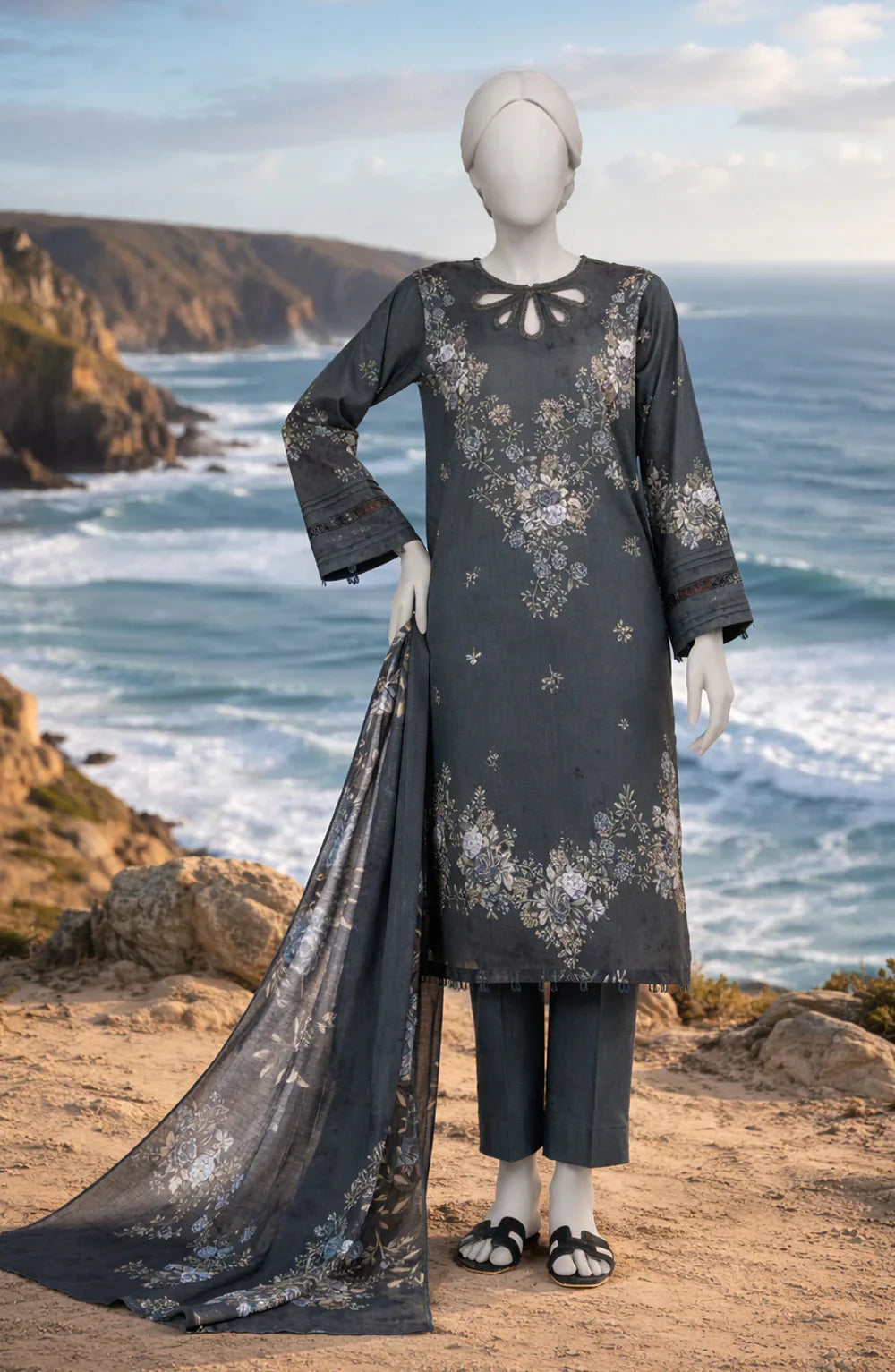 Mtj 3 PIECE PRINTED LAWN SUIT- Charcoal (UNSTITCHED)