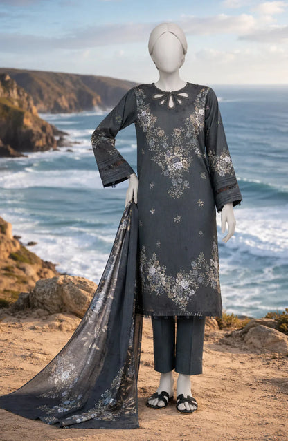 Mtj 3 PIECE PRINTED LAWN SUIT- Charcoal (UNSTITCHED)