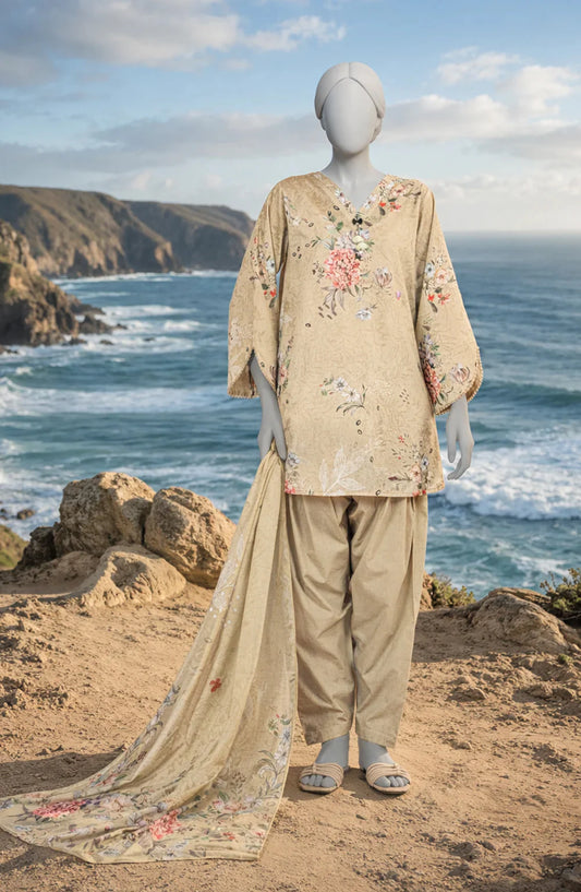Mtj 3 PIECE PRINTED LAWN SUIT- Mustard (UNSTITCHED)