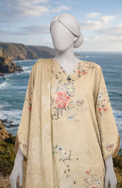 Mtj 3 PIECE PRINTED LAWN SUIT- Mustard (UNSTITCHED)