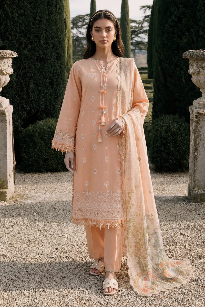 Peach | Zellbury 3pc Unstitched Chikankari