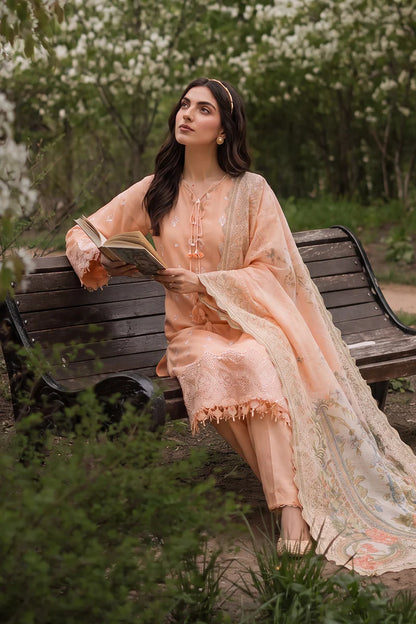Peach | Zellbury 3pc Unstitched Chikankari