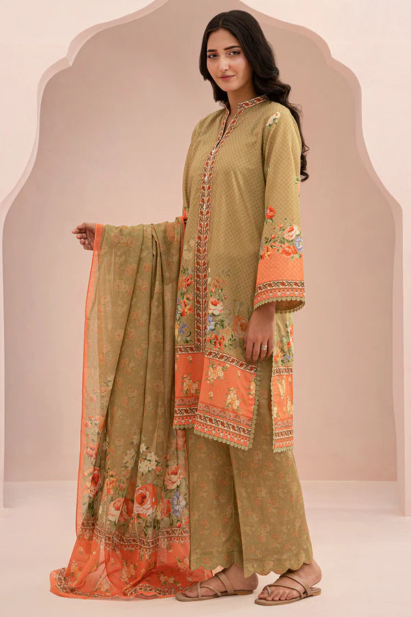 Elegant Green Zellbury 3pc Unstitched Lawn Suit – Stylish Pakistani Lawn Outfit 2025