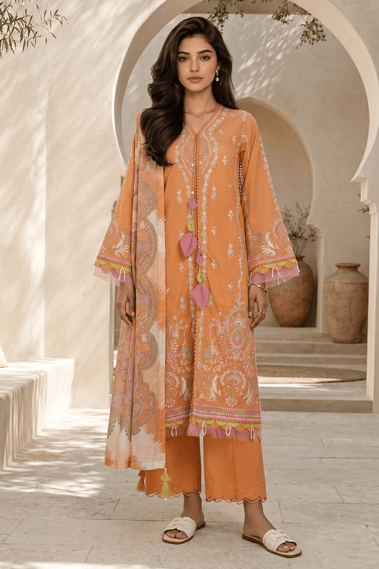 Woman wearing an orange and pink traditional outfit in a decorative setting