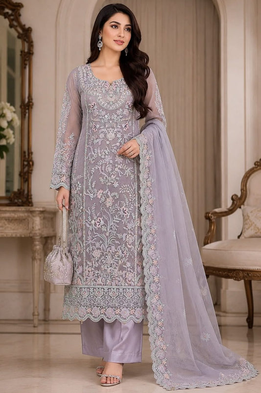 High-fashion display showcasing the unstitched layout and Shamooz silk trouser of the Organza Formal Embroidered Mauve suite.