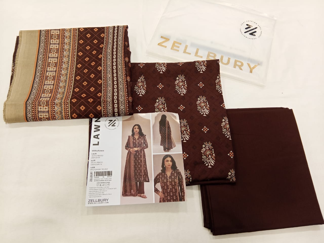 Brown Zellbury 3pc Unstitched Lawn Suit – Stylish Pakistani Lawn Outfit 2025
