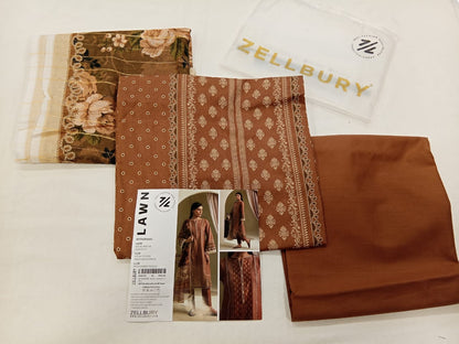 Brown Zellbury 3pc Unstitched Lawn Suit – Stylish Pakistani Lawn Outfit 2025