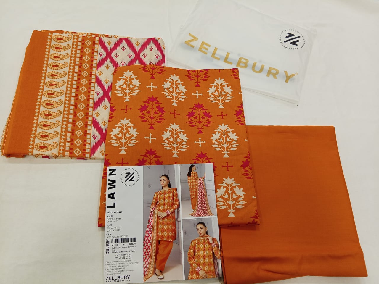 Orange Zellbury 3pc Unstitched Lawn Suit – Stylish Pakistani Lawn Outfit 2025