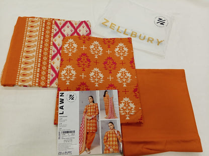 Orange Zellbury 3pc Unstitched Lawn Suit – Stylish Pakistani Lawn Outfit 2025