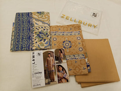 Sand Zellbury 3pc Unstitched Lawn Suit – Stylish Pakistani Lawn Outfit 2025