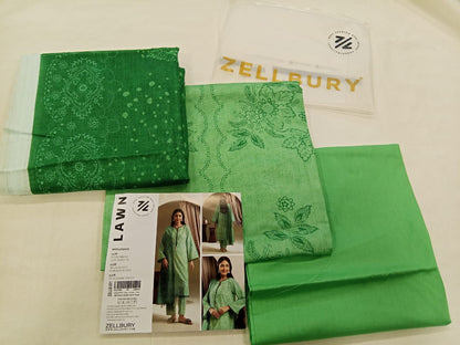 Green Zellbury 3pc Unstitched Lawn Suit – Stylish Pakistani Lawn Outfit 2025