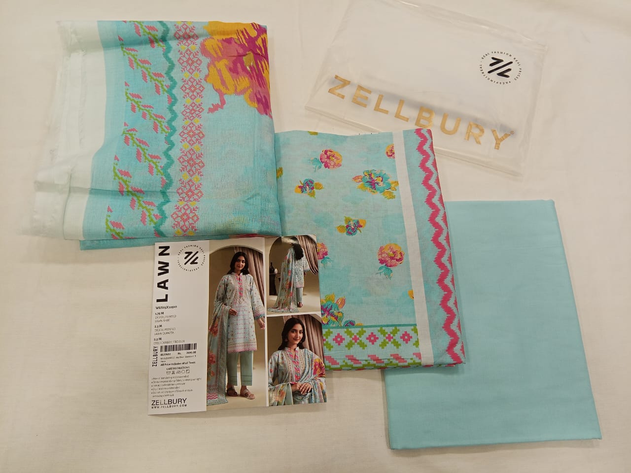 Sky Blue Zellbury 3pc Unstitched Lawn Suit – Stylish Pakistani Lawn Outfit 2025