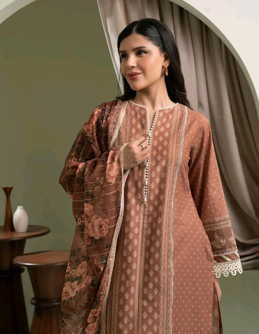 Brown Zellbury 3pc Unstitched Lawn Suit – Stylish Pakistani Lawn Outfit 2025