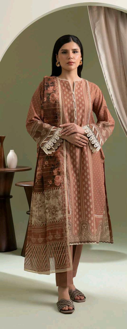 Brown Zellbury 3pc Unstitched Lawn Suit – Stylish Pakistani Lawn Outfit 2025