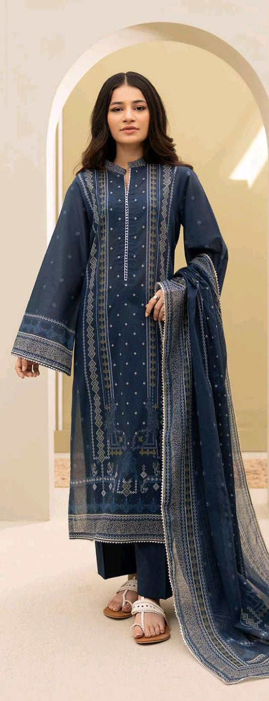 Blue Zellbury 3pc Unstitched Lawn Suit – Stylish Pakistani Lawn Outfit 2025
