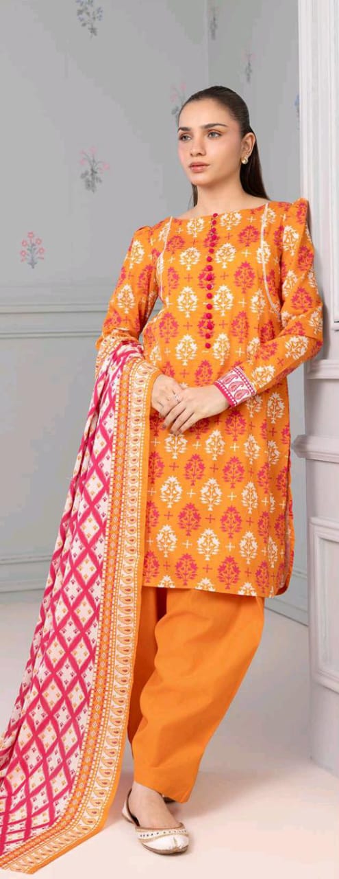 Orange Zellbury 3pc Unstitched Lawn Suit – Stylish Pakistani Lawn Outfit 2025