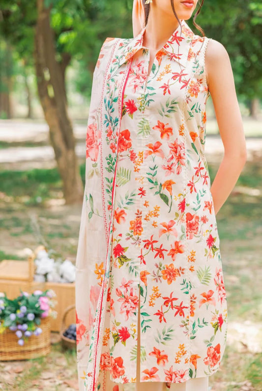 Cream | Saya 3pc Unstitched Lawn Suit